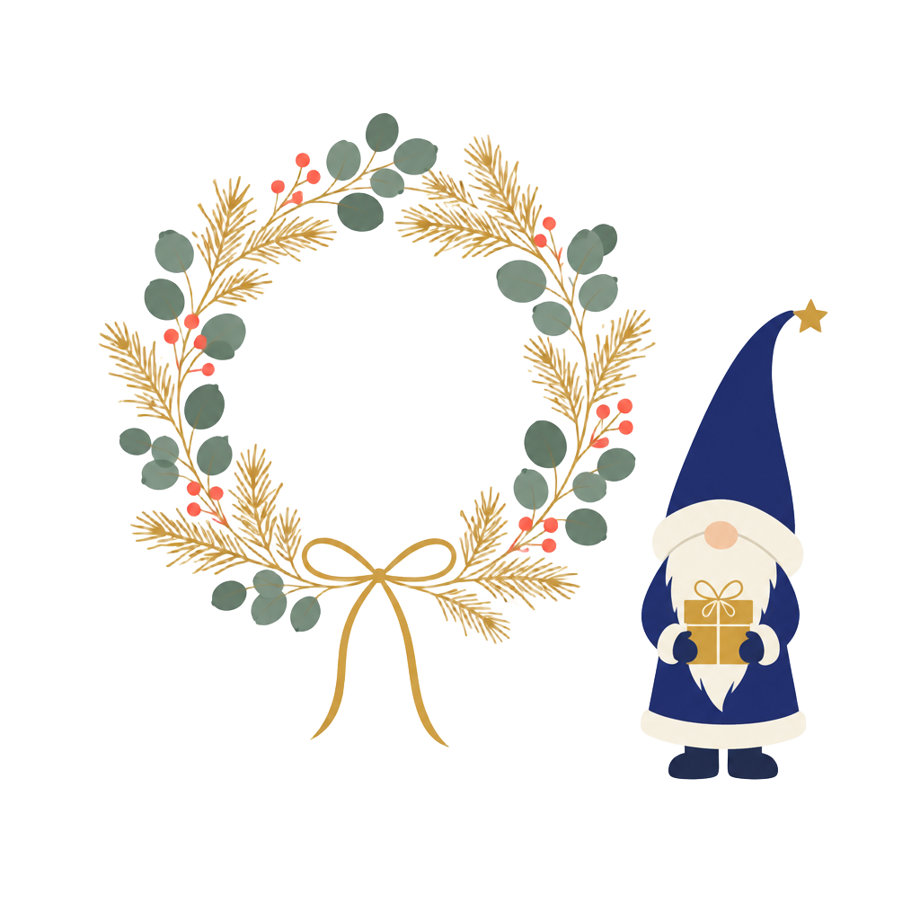 Julkrans i guld och en tomte i marinblått med en guldfärgad present.